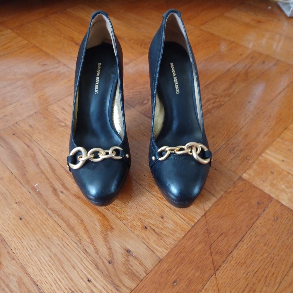 Banana Republic Black Leather Heels with Chain Accent